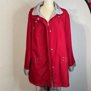 White stag, hooded, oversized rain Jacket.